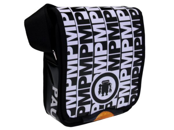 BLACK AND WHITE CROSSBODY BAG WITH LETTER FANTASY. MODEL MIPOK MADE OF LORRY TARPAULIN.