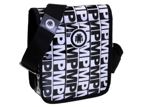 BLACK AND WHITE CROSSBODY BAG WITH LETTER FANTASY. MODEL MIPOK MADE OF LORRY TARPAULIN.