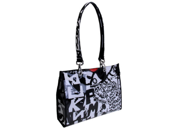 SHOPPER BAG BLACK AND WHITE "POSTER" STYLE. MODEL PEPE MADE OF LORRY TARPAULIN.