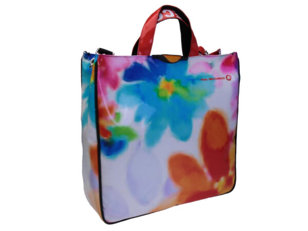 MULTICOLOR MAXI TOTE BAG WITH FLORAL FANTASY . MODEL AIRSTONE MADE OF LORRY TARPAULIN.