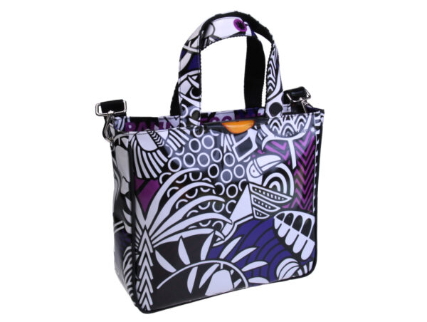 WHITE, BLACK AND VIOLET TOTE BAG WITH ETHNIC FANTASY. MODEL GLAM MADE OF LORRY TARPAULIN.