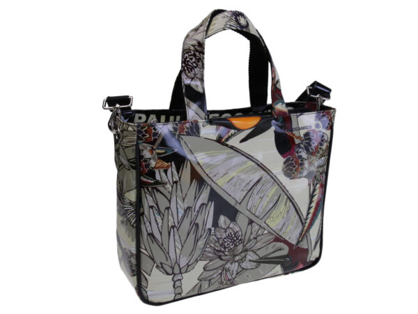 BEIGE TOTE BAG FLORAL FANTASY. MODEL GLAM MADE OF LORRY TARPAULIN.