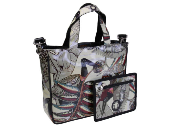 BEIGE TOTE BAG FLORAL FANTASY. MODEL GLAM MADE OF LORRY TARPAULIN.