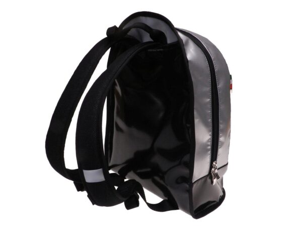 BLACK AND SILVER BACKPACK WITH METALLIC LOGO. SUPER MODEL MADE OF LORRY TARPAULIN. - Limited Edition Paul Meccanico