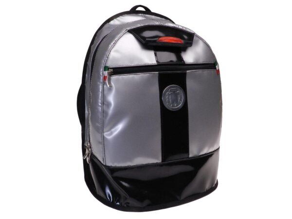 BLACK AND SILVER BACKPACK WITH METALLIC LOGO. SUPER MODEL MADE OF LORRY TARPAULIN. - Limited Edition Paul Meccanico