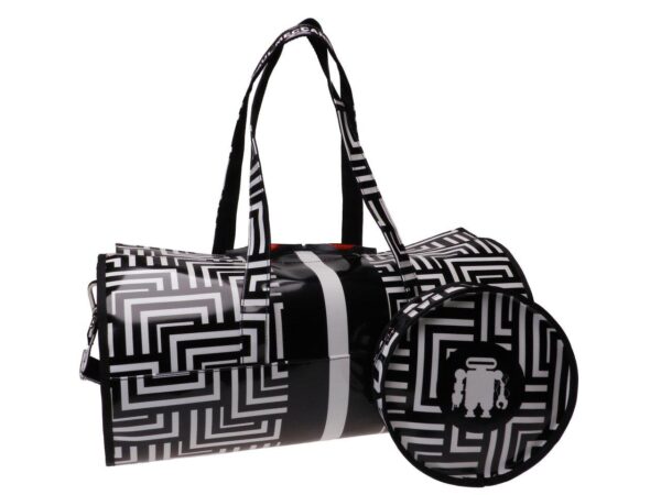 BLACK AND WHITE GYM BAG LABYRINTH FANTASY. ROLLING MODEL MADE OF LORRY TARPAULIN. - Unique Pieces Paul Meccanico