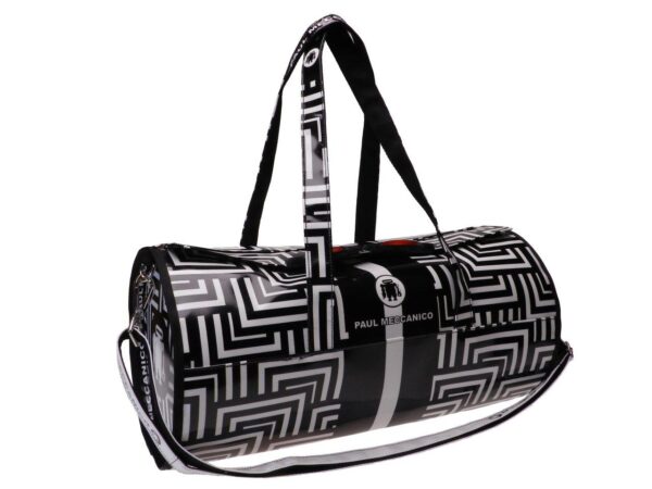 BLACK AND WHITE GYM BAG LABYRINTH FANTASY. ROLLING MODEL MADE OF LORRY TARPAULIN. - Unique Pieces Paul Meccanico