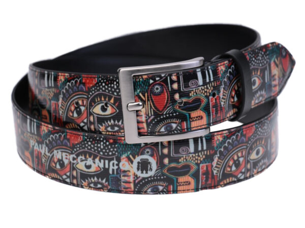 BLACK MEN'S BELT WITH ETHNIC FANTASY MADE OF LORRY TARPAULIN. - Unique Pieces Paul Meccanico