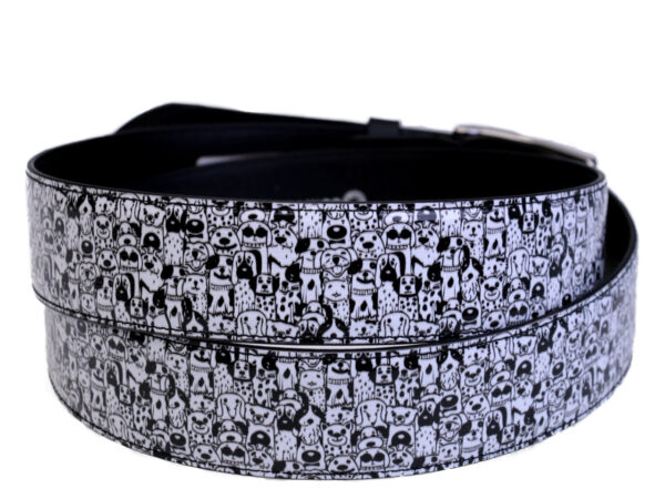 BLACK AND WHITE MEN'S BELT "DOGS" MADE OF LORRY TARPAULIN. - Unique Pieces Paul Meccanico