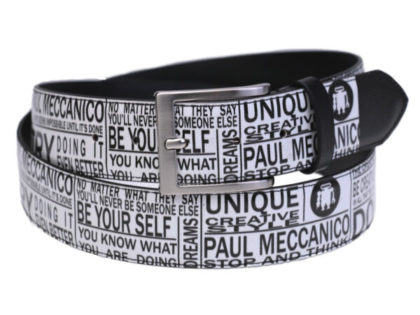 MEN'S BELT BLACK AND WHITE LETTERING FANTASY MADE OF LORRY TARPAULIN. - Unique Pieces Paul Meccanico