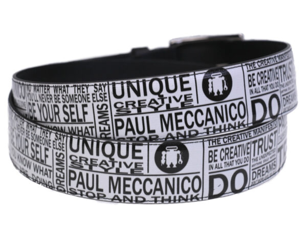 MEN'S BELT BLACK AND WHITE LETTERING FANTASY MADE OF LORRY TARPAULIN. - Unique Pieces Paul Meccanico