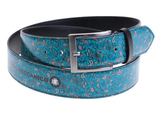TURQUOISE MEN'S BELT WITH PAISLEY FANTASY MADE OF LORRY TARPAULIN. - Unique Pieces Paul Meccanico