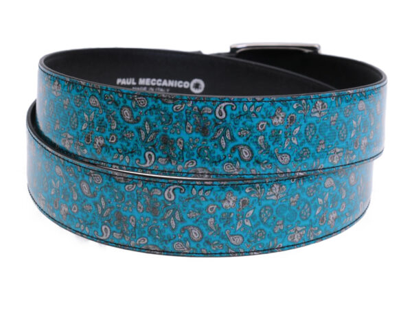 TURQUOISE MEN'S BELT WITH PAISLEY FANTASY MADE OF LORRY TARPAULIN. - Unique Pieces Paul Meccanico