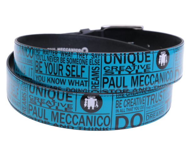 TURQUOISE MEN'S BELT WITH LETTERING FANTASY MADE OF LORRY TARPAULIN. - Unique Pieces Paul Meccanico
