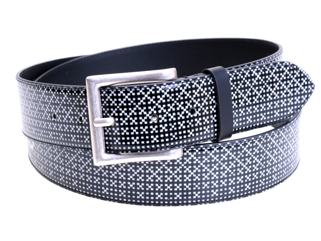 BLACK MEN'S BELT WITH GEOMETRIC FANTASY MADE OF LORRY TARPAULIN. - Unique Pieces Paul Meccanico