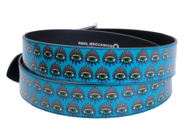 LIGHT BLUE MEN'S BELT "EYES" MADE OF LORRY TARPAULIN. - Unique Pieces Paul Meccanico