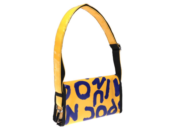 CLUTCH BAG YELLOW WITH VIOLET LETTERING. MODEL CANDY MADE OF LORRY TARPAULIN. - Limited Edition Paul Meccanico