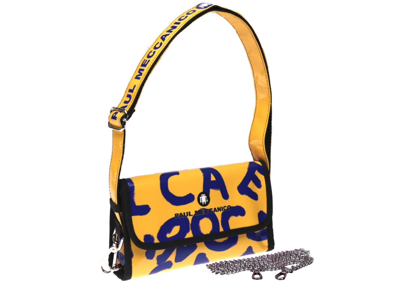 CLUTCH BAG YELLOW WITH VIOLET LETTERING. MODEL CANDY MADE OF LORRY TARPAULIN. - Limited Edition Paul Meccanico