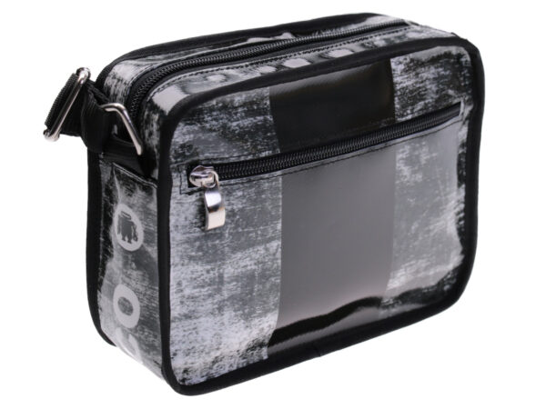 SMALL CROSSBODY BAG BLACK AND WHITE WITH GRAFFITI STYLE. MODEL FRIK MADE OF LORRY TARPAULIN. - Limited Edition Paul Meccanico