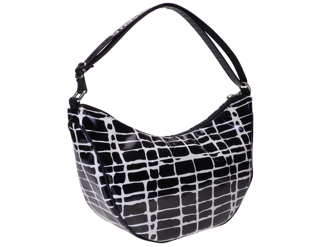 BORSA A MEZZALUNA FANTASIA IN BIANCO E NERO. MODELLO SPACCATO REALIZZATO CON TELONI DI CAMION. - Edizione limitata Paul Meccanico