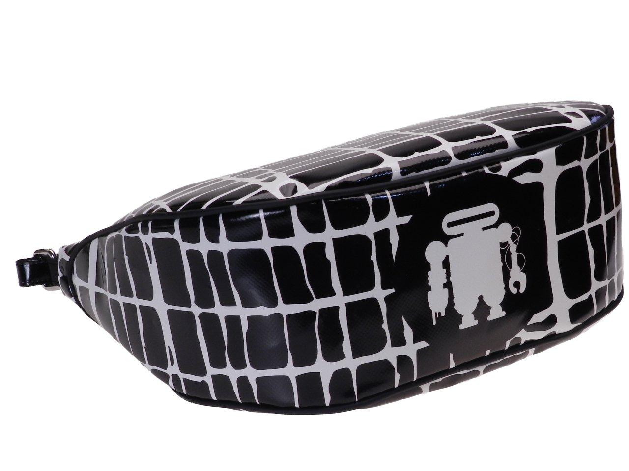 BORSA A MEZZALUNA FANTASIA IN BIANCO E NERO. MODELLO SPACCATO REALIZZATO CON TELONI DI CAMION. - Edizione limitata Paul Meccanico