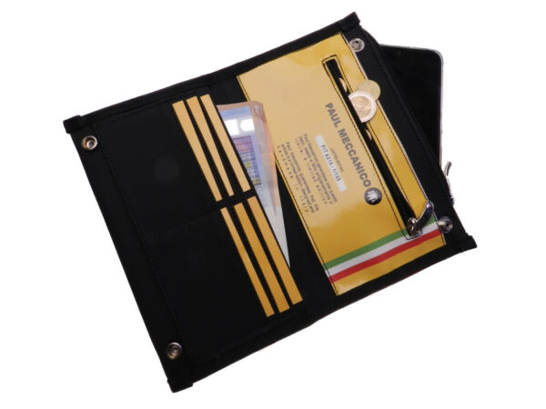 LARGE WOMEN'S WALLET BLACK, GREEN AND GREY COLOURS WITH LETTERING FANTASY. MODEL PIT MADE OF LORRY TARPAULIN. - Limited Edition Paul Meccanico
