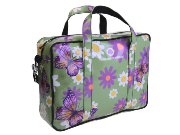GREEN WOMEN'S BRIEFCASE FLORAL FANTASY. MODEL KART MADE OF LORRY TARPAULIN.