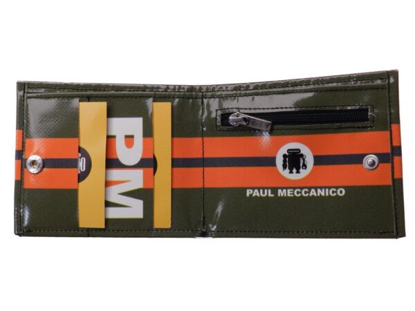 MAN WALLET DARK GREEN AND ORANGE COLOURS. CRIK MODEL MADE OF LORRY TARPAULIN. - Paul Meccanico