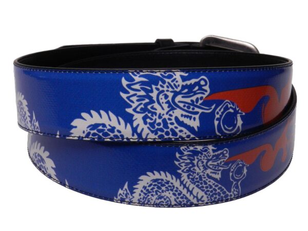 MAN'S BELT BLUE AND RED COLOURS TRIBAL FANTASY MADE OF LORRY TARPAULIN. - Paul Meccanico