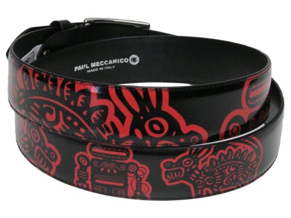 MAN'S BELT PAUL MECCANICO BLACK AND RED COLOURS TRIBAL FANTASY MADE OF LORRY TARPAULIN. - Unique Pieces Paul Meccanico