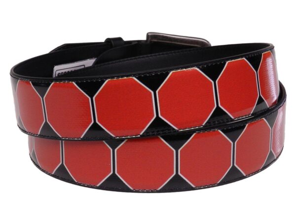 MAN'S BELT RED AND BLACK COLOURS GEOMETRIC FANTASY "STOP AND THINK" MADE OF LORRY TARPAULIN. - Unique Pieces Paul Meccanico