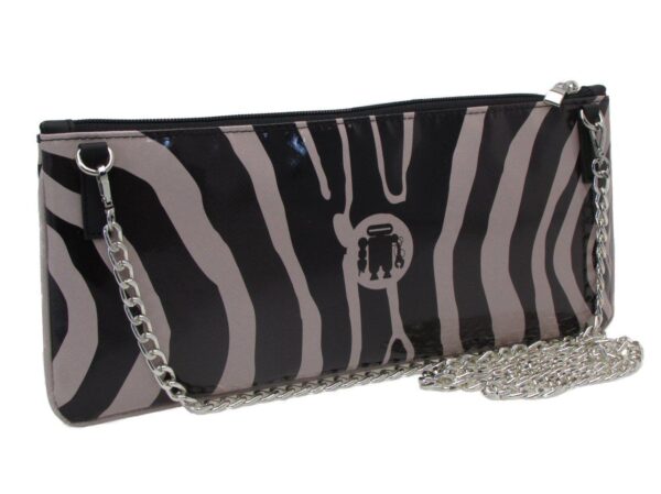 CLUTCH BAG BLACK AND BEIGE WITH ANIMALIER FANTASY. MODEL RIBELLA MADE OF LORRY TARPAULIN. - Unique Pieces Paul Meccanico