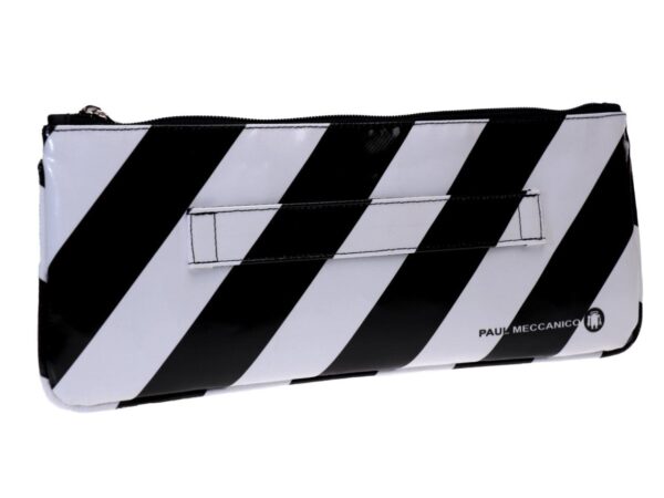CLUTCH BAG BLACK AND WHITE SLASHES. MODEL RIBELLA MADE OF LORRY TARPAULIN. - Unique Pieces Paul Meccanico