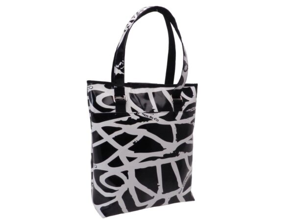 MAXI SHOPPER BAG BLACK AND WHITE ABSTRACT FANTASY. SELZ MODEL MADE OF LORRY TARPAULIN. - Limited Edition Paul Meccanico
