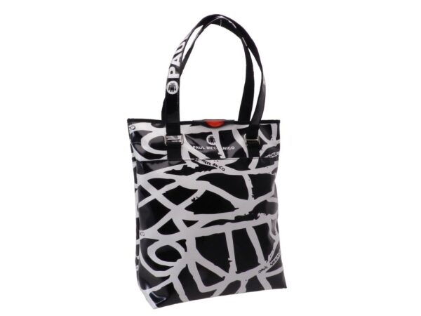 MAXI SHOPPER BAG BLACK AND WHITE ABSTRACT FANTASY. SELZ MODEL MADE OF LORRY TARPAULIN. - Limited Edition Paul Meccanico