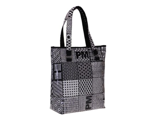 MAXI SHOPPER BAG BLACK AND WHITE GEOMETRIC FANTASY. SELZ MODEL MADE OF LORRY TARPAULIN. - Limited Edition Paul Meccanico