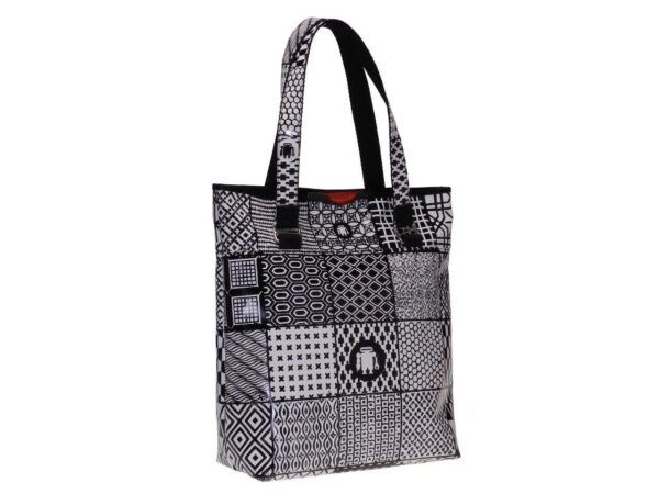 MAXI SHOPPER BAG BLACK AND WHITE GEOMETRIC FANTASY. SELZ MODEL MADE OF LORRY TARPAULIN. - Limited Edition Paul Meccanico