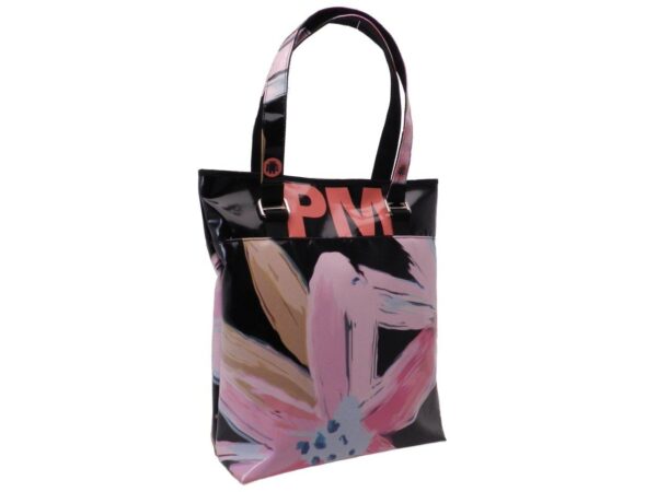 MAXI SHOPPER BAG BLACK COLOUR FLORAL FANTASY. SELZ MODEL MADE OF LORRY TARPAULIN. - Limited Edition Paul Meccanico