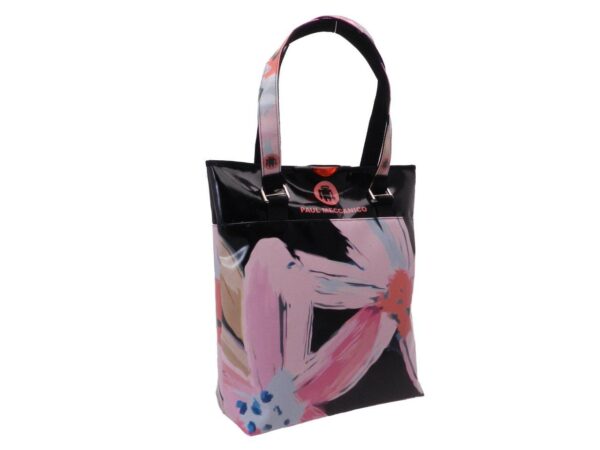 MAXI SHOPPER BAG BLACK COLOUR FLORAL FANTASY. SELZ MODEL MADE OF LORRY TARPAULIN. - Limited Edition Paul Meccanico