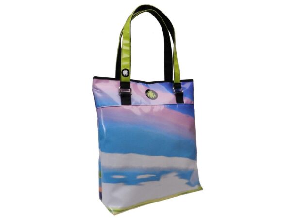MAXI SHOPPER BAG "DISCOVER SIBILLINI" BLACK COLOUR WITH STYLIZED IMAGE OF MONTE SIBILLA. SELZ MODEL MADE OF LORRY TARPAULIN. - Limited Edition Paul Meccanico