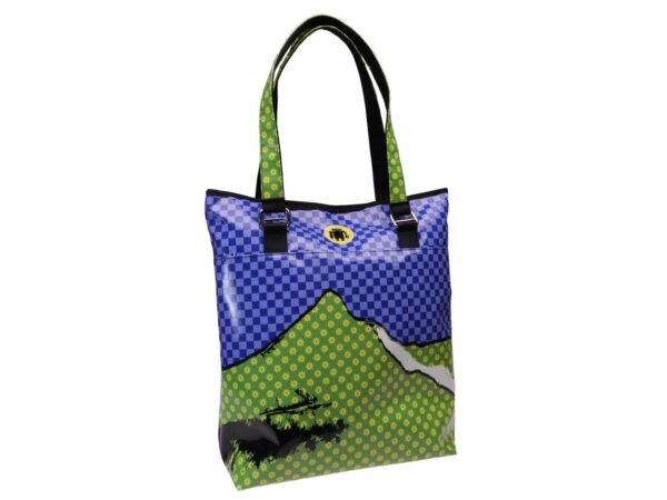 MAXI SHOPPER "DISCOVER SIBILLINI" BLACK, BLUE AND GREEN COLOUR WITH 'MONTE SIBILLA' PRINT. MODEL SELZ MADE OF LORRY TARPAULIN. - Limited Edition Paul Meccanico