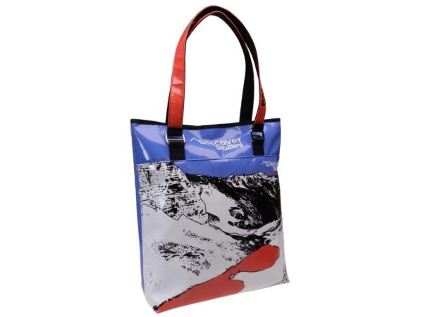 MAXI SHOPPER "DISCOVER SIBILLINI" BLUE WHITE, RED AND BLACK WITH LAGO DI PILATO PRINT. MODEL SELZ MADE OF LORRY TARPAULIN. - Limited Edition Paul Meccanico