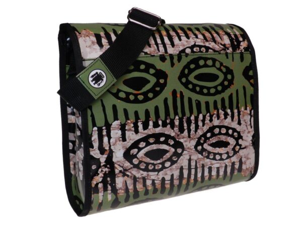 CROSSBODY BAG GREEN AND BEIGE ETHNIC FANTASY. MODEL BREAK MADE OF LORRY TARPAULIN. - Unique Pieces Paul Meccanico