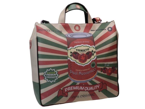 MAXI TOTE BAG BEIGE, RED AND GREEN COLOURS WITH TOMATO FANTASY. AIRSTONE MODEL MADE OF CRUELTY FREE LEATHER. - Unique Pieces Paul Meccanico