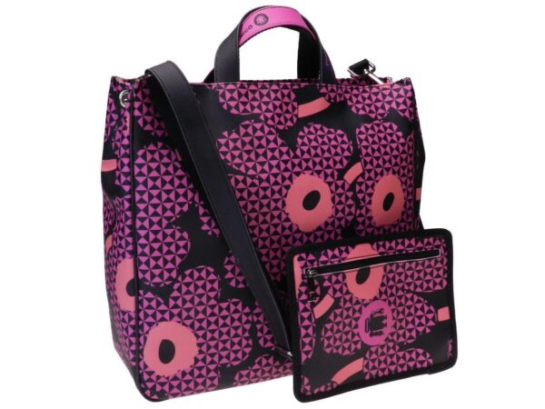 MAXI TOTE BAG BLACK AND FUXIA COLOURS WITH GEOMETRIC FLOWERS. AIRSTONE MODEL MADE OF SOFT SYNTHETIC LEATHER. - Unique Pieces Paul Meccanico