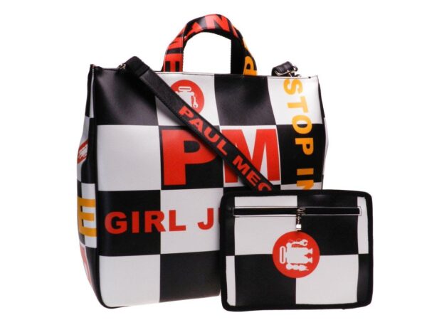 MAXI TOTE BAG BLACK AND WHITE COLOUR WITH CHESS PATTERN. AIRSTONE MODEL MADE OF SOFT SYNTHETIC LEATHER. - Unique Pieces Paul Meccanico
