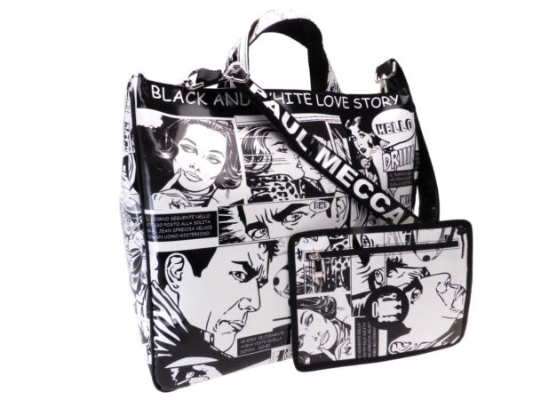 MAXI TOTE BAG BLACK AND WHITE COLOURS CARTOON STYLE "HELLO DRINK". AIRSTONE MODEL MADE OF LORRY TARPAULIN. - Unique Pieces Paul Meccanico