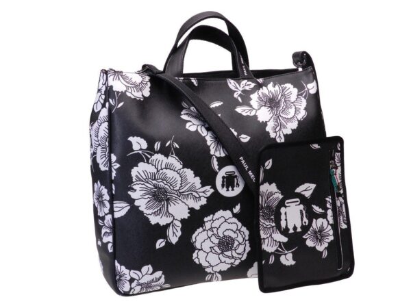 MAXI TOTE BAG BLACK AND WHITE COLOURS FLORAL FANTASY. AIRSTONE MODEL MADE OF CRUELTY FREE LEATHER. - Unique Pieces Paul Meccanico