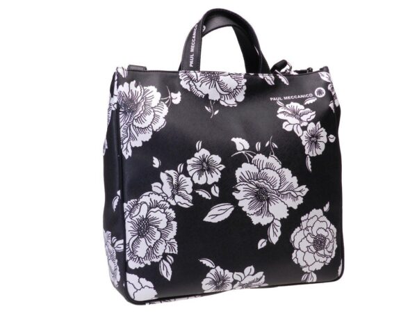 MAXI TOTE BAG BLACK AND WHITE COLOURS FLORAL FANTASY. AIRSTONE MODEL MADE OF CRUELTY FREE LEATHER. - Unique Pieces Paul Meccanico