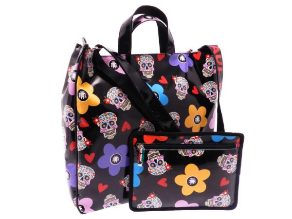 MAXI TOTE BAG BLACK COLOR MADE OF LORRY TARPAULIN. AIRSTONE MODEL FLORAL FANTASY WITH DEATH'S-HEAD. - Unique Pieces Paul Meccanico
